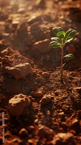 A small plant grows in the middle of a rocky field. AI. photo