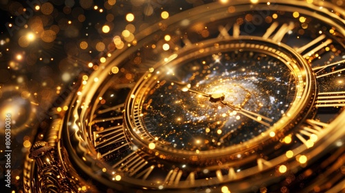  A tight shot of a golden clock against a black backdrop, adorned with numerous glittering sparks