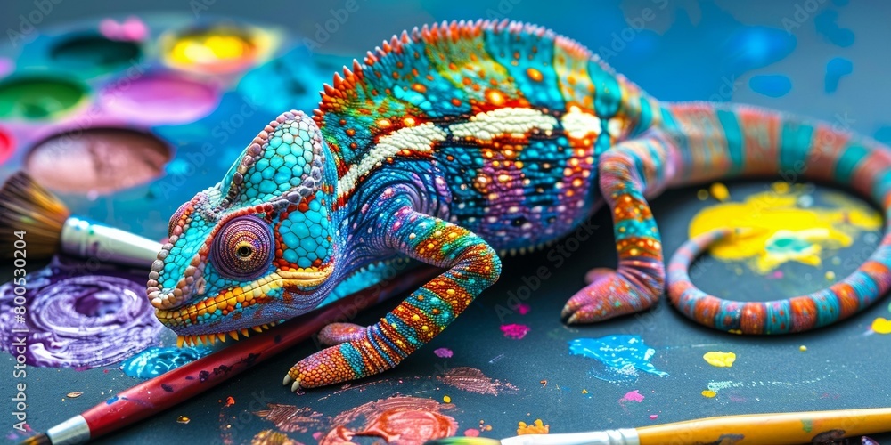 A brightly colored chameleon sits on a palette of paintbrushes and spilled paint. AI.