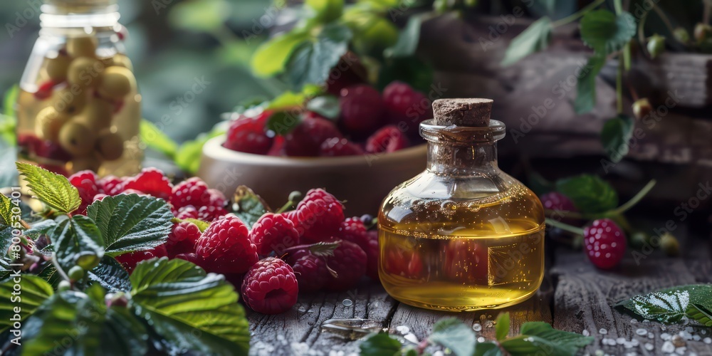 raspberry seed oil on a beautiful table presentation raspberry seed oil on a beautiful table presentation