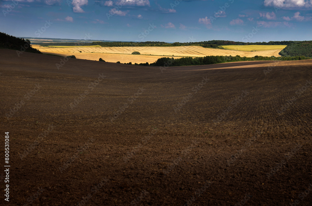 Wavy country scenery at autumn sunset. Arable land ready for the agricultural season. Wavy country scenery at autumn sunset. Arable land ready for the agricultural season.