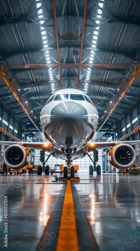A large passenger plane sits in a hangar. AI.