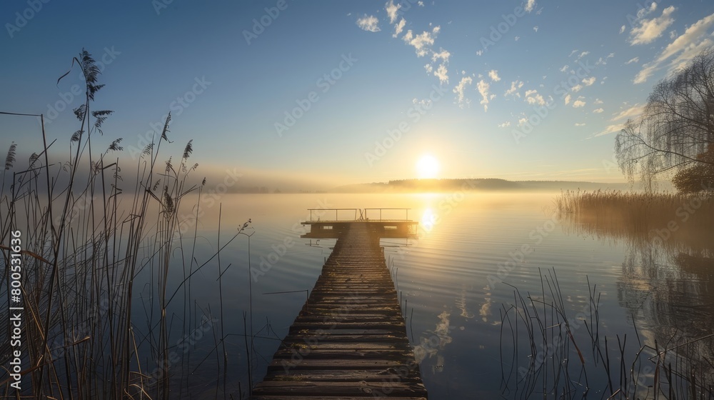 Picturesque panoramic sunrise at lake with mist on a sunny day - nature landscape photography