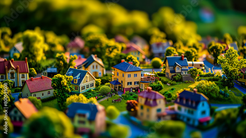 A captivating miniature town scene captured with a tilt-shift lens.