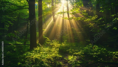Beautiful summer sunlight shining through the trees in a lush green forest on a bright and sunny day
