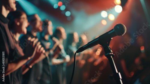 A choir singing in harmony on stage, each member holding a microphone as they unite their voices in a symphony of sound.