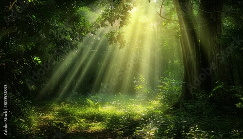 Beautiful sunshine peeking through the trees in a lush green forest on a sunny day