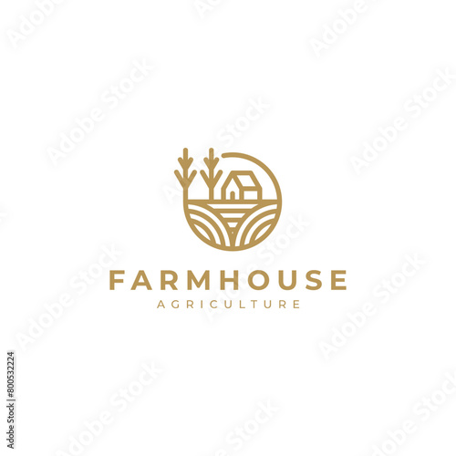a house with trees and plantations in line art style. this logo is suitable for a farmhouse