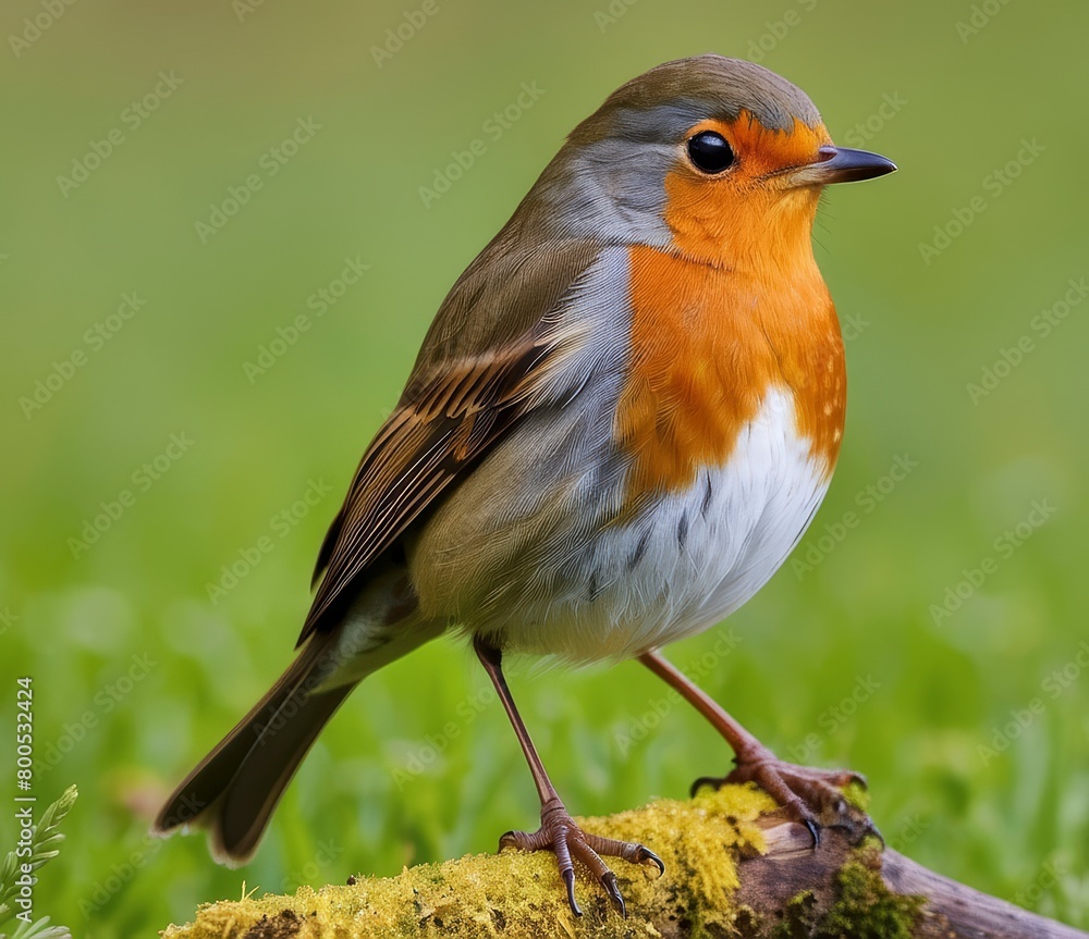Close-up of robin perched on a mossy tree branch in green field Close-up of robin perched on a mossy tree branch in green field