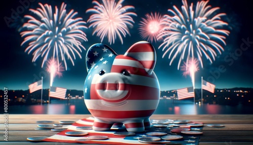 Piggy bank with American flag colors, fireworks light the night. A piggy bank painted in patriotic colors celebrates U.S. Independence Day. photo