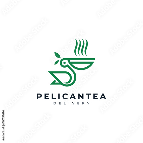 a pelican and a cup of hot tea. this logo is suitable for beverage brands, cafes, teahouses and delivery services.