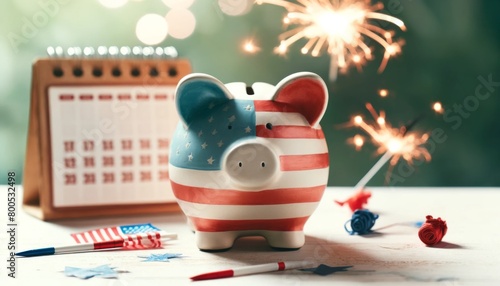 Piggy bank in red, white, and blue celebrates savings and the 4th of July. Soft fireworks and a small flag enhance the patriotic theme of the colorful piggy bank.