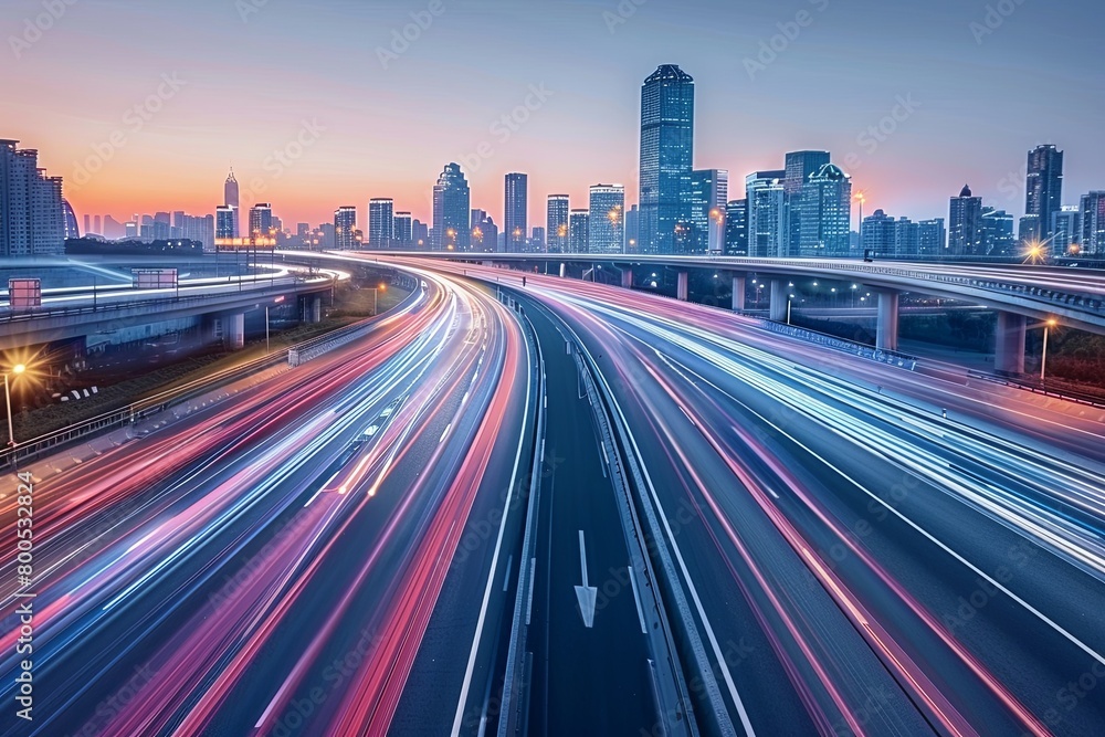 Obraz premium AI Network High-Speed Motion Blur: Futuristic City Road Technology