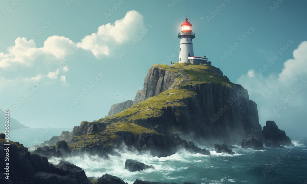 Lighthouse on a cliff with clouds in the background.