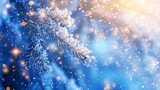  A tight shot of a pine branch adorned with snowflakes against a sunlit backdrop
