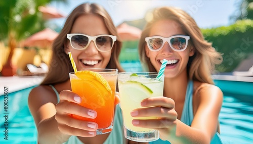 zwei Freundinnen im pool mit Cocktail.  photo