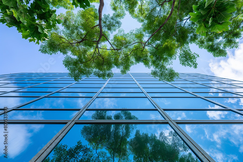 High-Rise Building with Glass Facade: Trees, Reflection, Urban, Modern