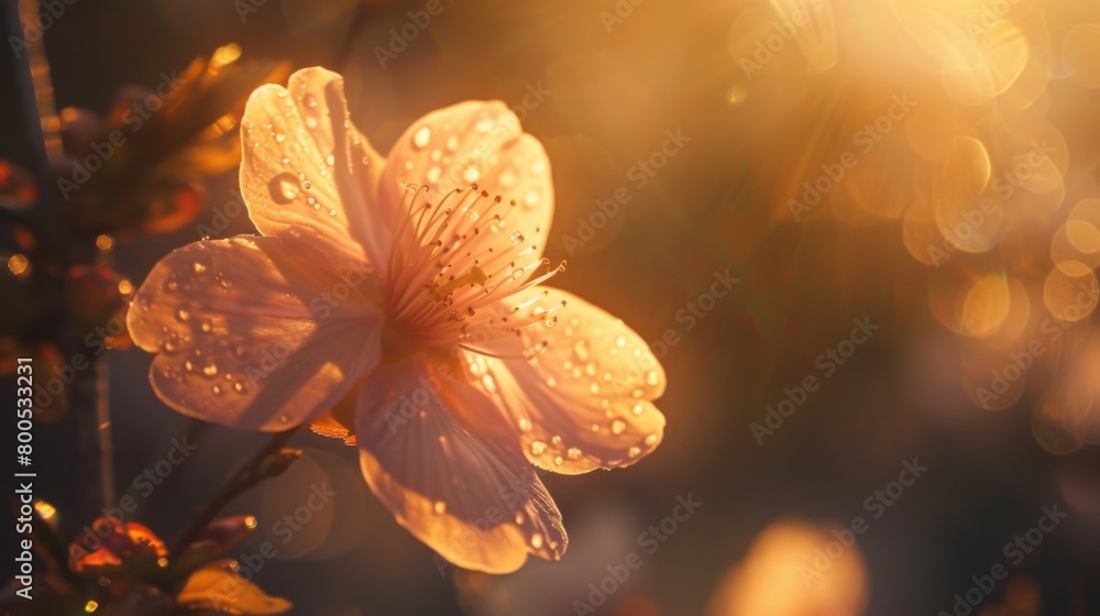A close-up of a delicate sakura blossom, its soft pink petals illuminated by the warm glow of sunlight.