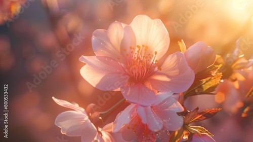 A close-up of a delicate sakura blossom, its soft pink petals illuminated by the warm glow of sunlight.