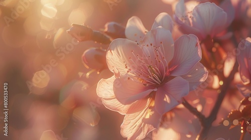 A close-up of a delicate sakura blossom  its soft pink petals illuminated by the warm glow of sunlight.