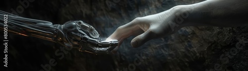 A photo of a robot and a human hand touching with a dark background