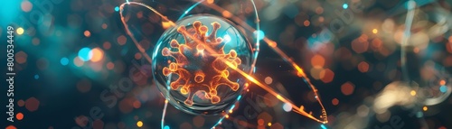 A 3D rendering of a virus floating in space with glowing blue and orange lights in the background.