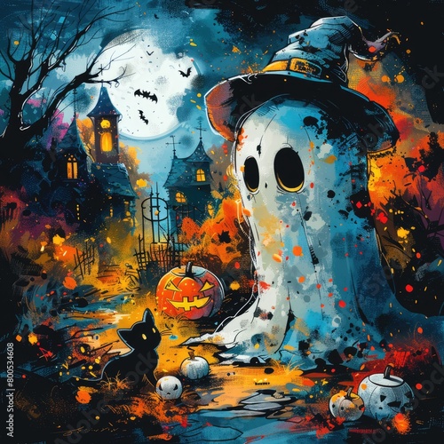 A graphics Halloween design with a cartoon character, such as a ghost or witch, in a spooky and playful style, with bold and bright colors