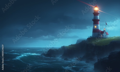 Lighthouse on the rock at night  illustration.