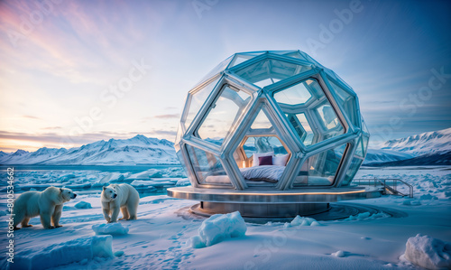 glass dome-shaped room with a bed inside, surrounded by ice and snow. Two polar bears are nearby.