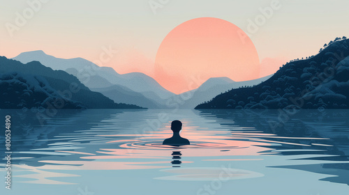 Serene Lake at Sunrise with Person Swimming and Mountains photo