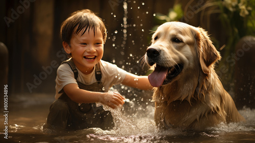 little child playing with their dog