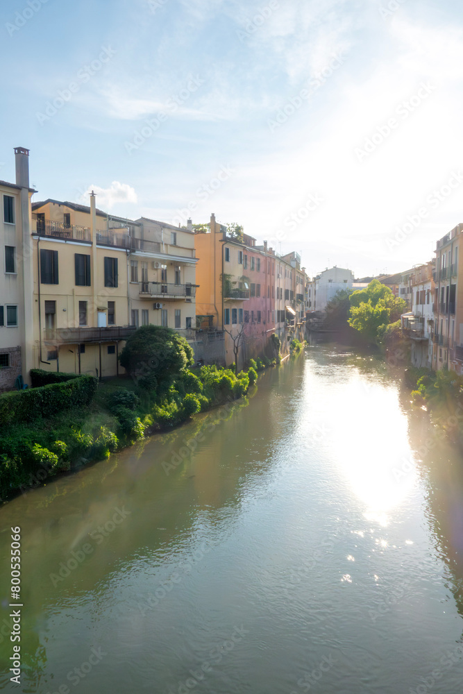 Afternoon summer sun over medieval old town landscape of Padova, Italy, with river Bacchiglione in foreground between old houses and green plants