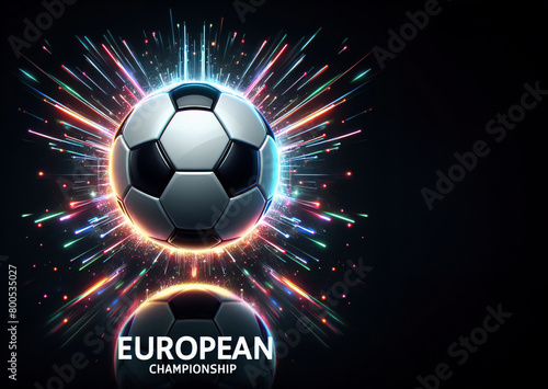 Ein Fußball mit sternenförmigen Neon-lichtspuren auf schwarzem Hintergrund mit Freifläche, Aufschrift EUROPEAN CHAMPIONSHIP