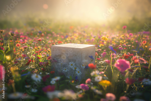 A concrete cube sits in a lush field of flowers.