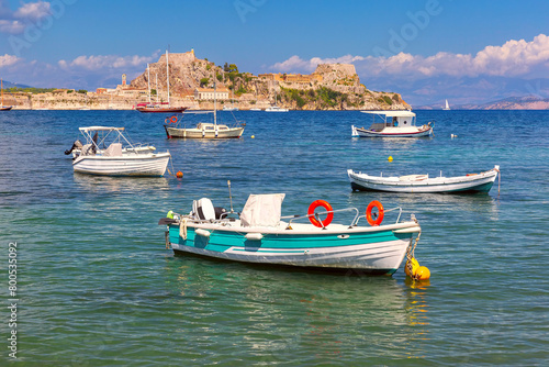 Yachts and Old Venetian Fortress overlooking the Ionian Sea in Kerkyra  Corfu  Greece