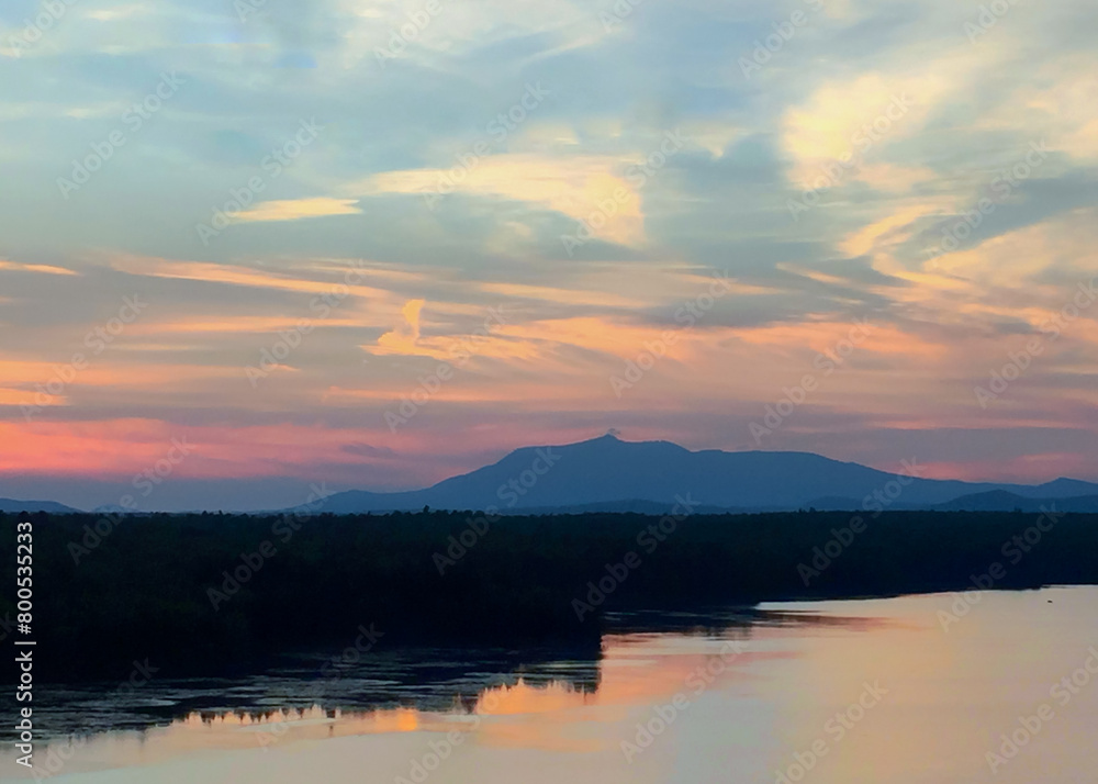 Mount Katahdin and lake in Maine at sunset Mount Katahdin and lake in Maine at sunset