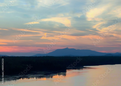 Mount Katahdin and lake in Maine at sunset
