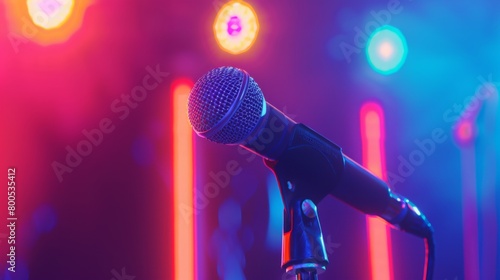 A close-up of a microphone stand adorned with colorful stage lights, ready to amplify the voice of the next musical sensation. photo