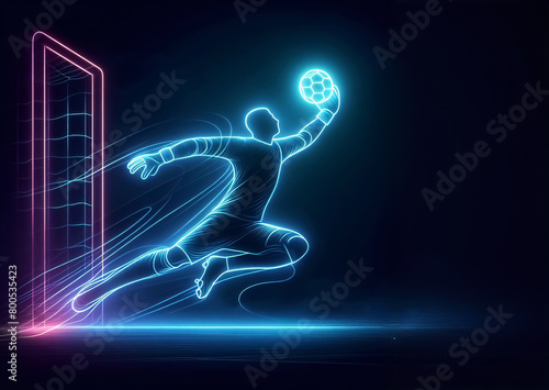 Neon Figur, Fußballspieler vor einem Tor mit einem Ball in der linken Hand, copy space