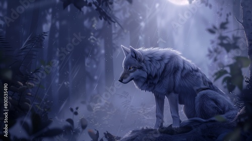 Mystic Wolf in Moonlit Forest - Hyper-Realistic 2D Illustration with Copy Space for Text. 
