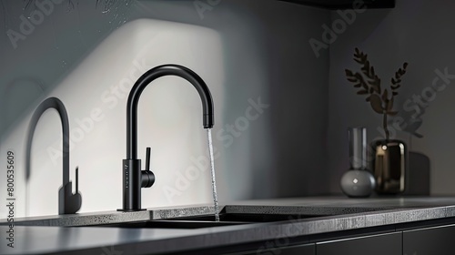 a black faucet adorning a stainless steel sink in a kitchen  featuring concrete walls and grey textures  with a close-up shot bathed in soft lighting that accentuates nearby details.