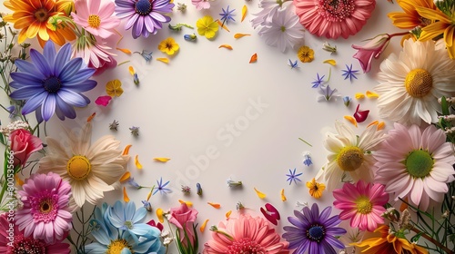 beautiful colorful flowers border background with some space in the center 