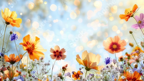 beautiful colorful flowers border background with some space in the center 