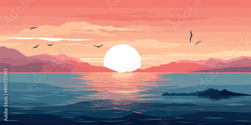 Sunset Ocean Illustration, Striking Orange Clouds Above Choppy Sea Waves, Vibrant Seascape Vector, Fiery Sky at Sunset with Deep Blue Ocean,