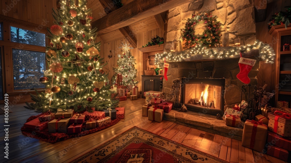 Enchanting Christmas Tree with Fireplace in Rustic Home Decor