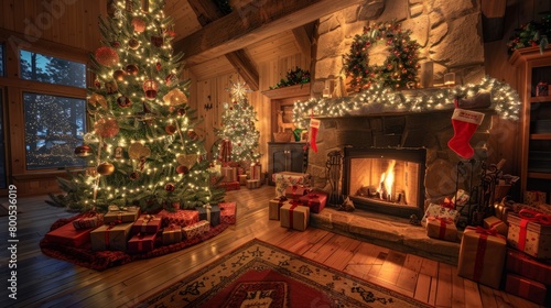 Enchanting Christmas Tree with Fireplace in Rustic Home Decor