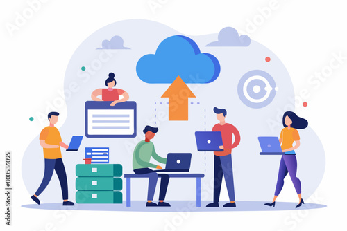 Vector art of business technology online backup storage and cloud computing service concept illustration.