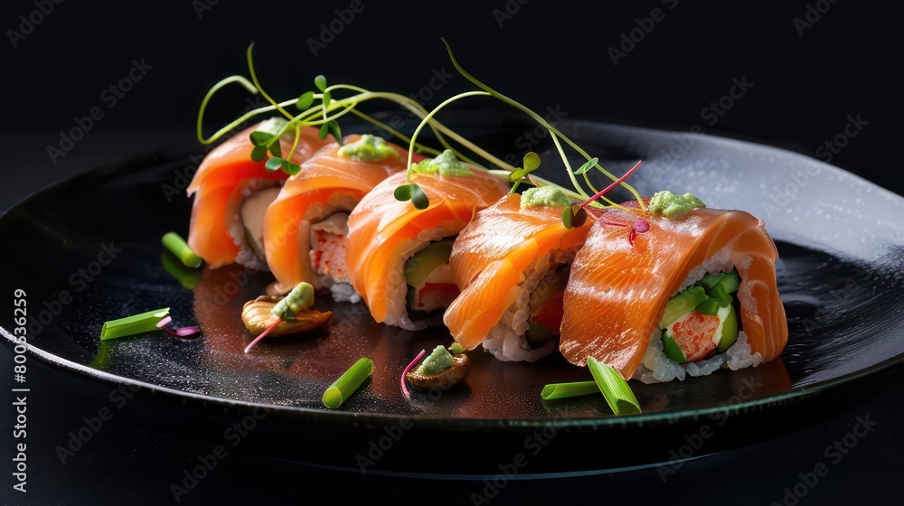 salmon sushi with avocado, scallion and mushrooms on a black plate, very professional presentation salmon sushi with avocado, scallion and mushrooms on a black plate, very professional presentation