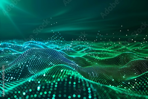 Innovation Future Tech Data: 3D Rolling Hills of Cyber Nano Information on Blue Green Background