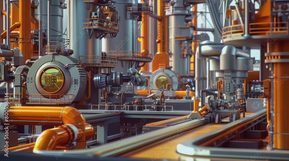Sci-fi interior of the factory. Yellow and white colors. Many details. Unreal Engine 5. 8K